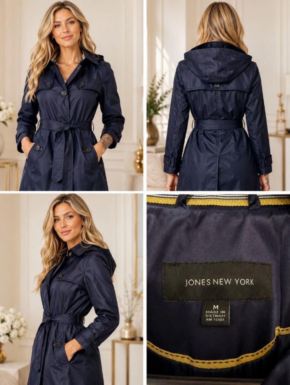 Jones New York Navy Hooded Trench with Waist Tie